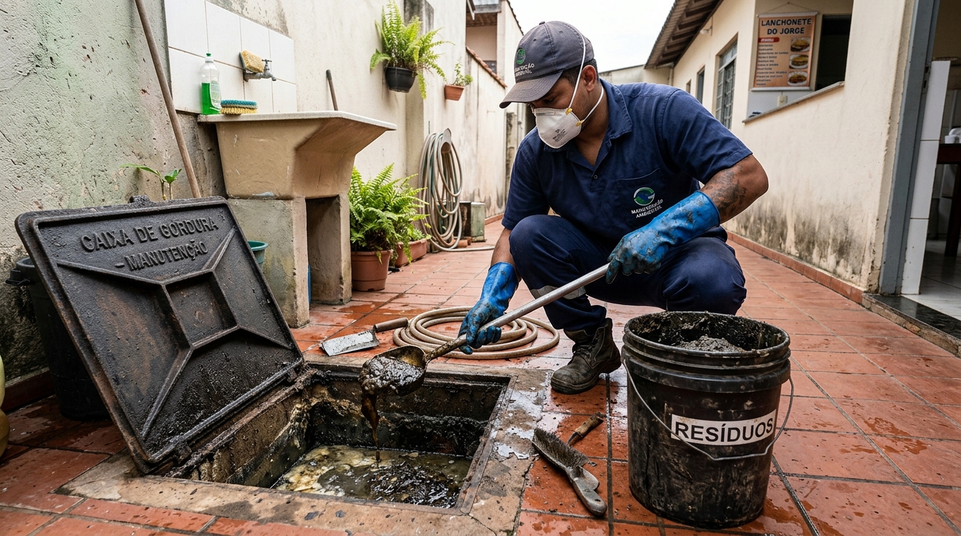 Remoção de resíduos da caixa de gordura em Suzano‑SP